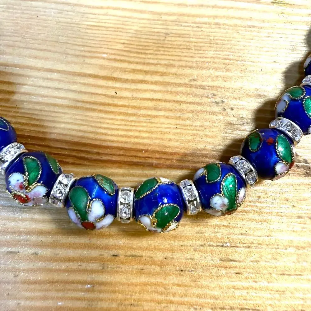 Cloisonne Enamel Bead Necklace Earrings Set Blue Floral Rhinestone Vintage Style